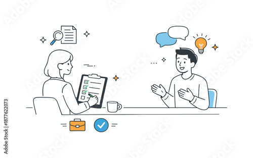 HR Interview Assessment. HR interview assessment. Recruiter taking notes and checking a simple checklist during the conversation. Structured evaluation and