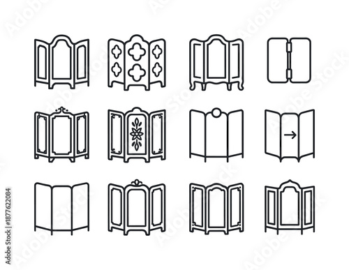 Ornate Folding Screen Icons. Folding screen. Line icon set of folding screen: ornate folding screen, pattern cutouts, vintage screen frame, curved legs,
