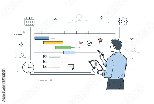 Project Planning Visualization. Project management and workflow planning. A project manager reviewing a timeline with tasks and milestones on a board. Calm