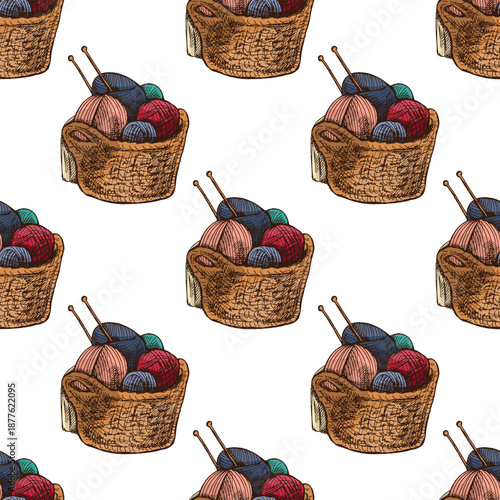 Hand drawn vintage seamless pattern of wicker basket with yarn balls and knitting needles illustration