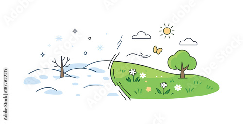 Seasonal Transition Illustration. Snow to grass transition illustration. Minimal landscape shifting from snow-covered ground to fresh green grass, symbolizing