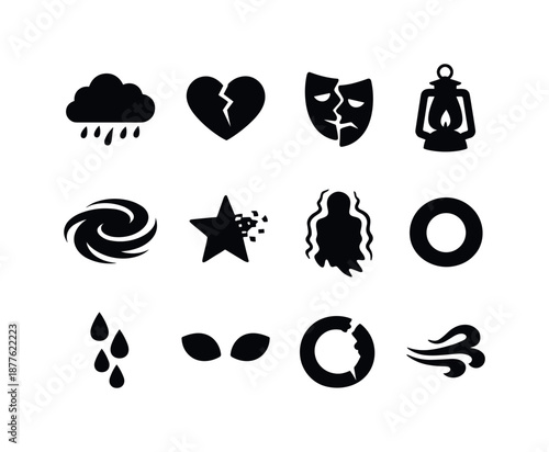 Emotional Darkness Icons. Emotional darkness. Solid icon set of emotional darkness: dark cloud, heavy heart, cracked mask, dim lantern, swirling shadow, fading