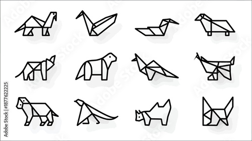Minimalist Geometric Origami Animals Outline Vector Icons Set. Modern Line Art Collection of Abstract Paper Folded Wildlife Shapes