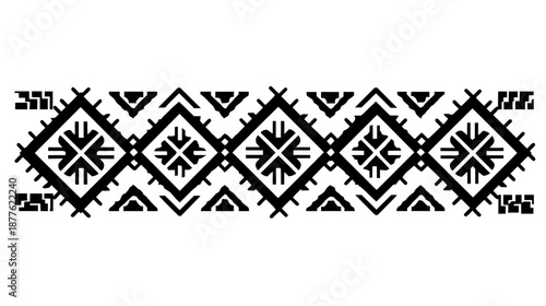 Black and white decorative border, symmetrical, repeating geometric diamond and triangle shapes