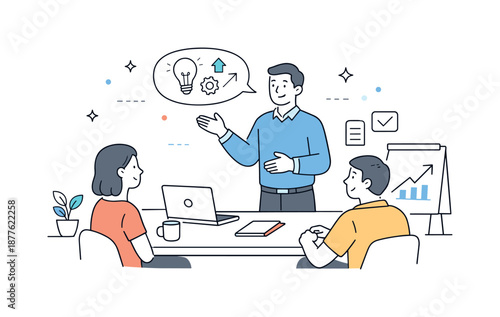 Team Leader Guidance. Team leader guidance. A confident team leader standing near a desk, calmly explaining ideas to colleagues. Supportive leadership and