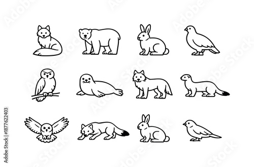 Snow Camouflage Icons. Snow Camouflage. Line icon set of Snow Camouflage: arctic fox winter coat, polar bear snow blend, snowshoe hare white fur, ptarmigan