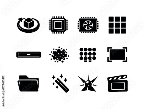 3D Rendering Icons Grid. 3D rendering workflow. Solid icon set of 3D rendering workflow: render engine icon, CPU icon, GPU icon, tile render pattern, progress