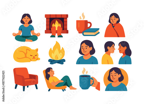 Fireside Relaxation Icons. Fireside relaxation. Colorful flat vector icons set of fireside relaxation: calm breathing pose, feet near hearth, tea and book