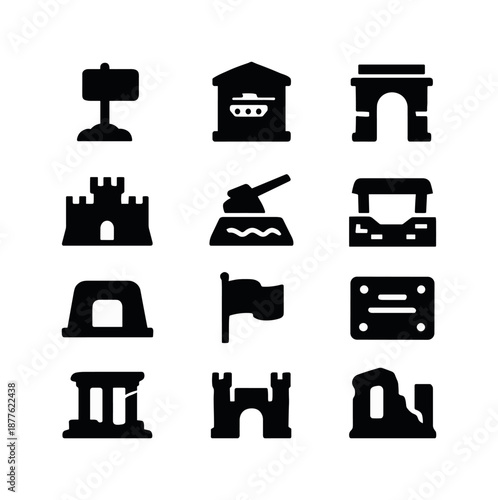 Military History Icon Set. Military history sites. Solid icon set of military history sites: battlefield marker, war museum, memorial arch, historic fort, gun
