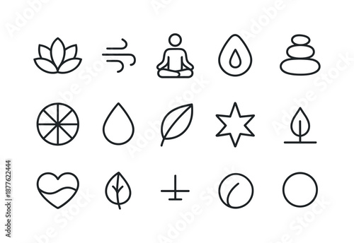 Holistic Wellness Icons. Holistic wellness. Line icon set of Holistic wellness: lotus flower, breath symbol, meditation pose, balance stone stack, wellness