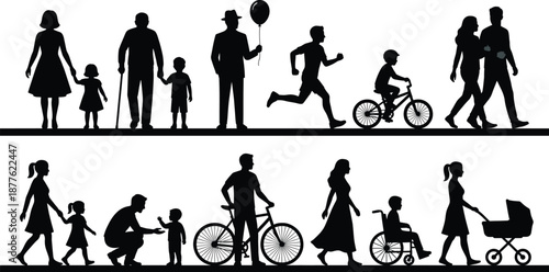 Family people silhouette collection showing daily life activities walking cycling parenting isolated black human figures vector illustration set