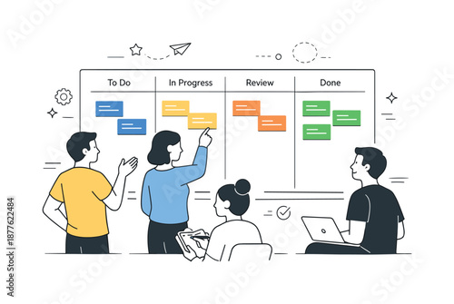 Sprint Planning Session. Agile sprint planning boards. A small team reviewing a sprint board with clear columns and task cards. Calm focus, alignment, and