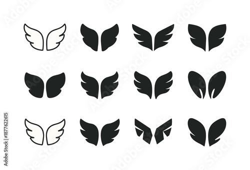 Angel Wings Logo Variations. Angel wings. Icon set. Set Logo of angel wings: feather cluster shape. harmonious logo variations of the same emblematic concept,