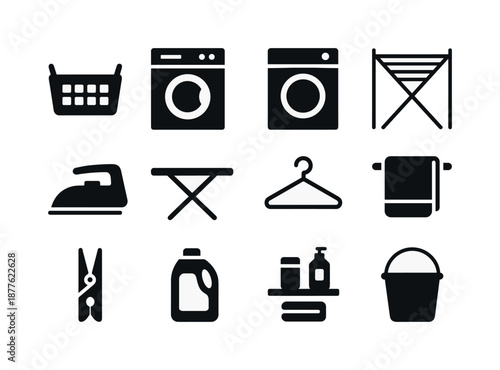 Laundry Icons Set. Laundry room items. Solid icon set of Laundry room items: basket, washing machine, dryer, rack, iron, ironing board, hanger,