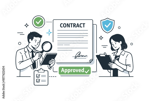 Contract Review Process. Contract review and approval. Professionals checking terms and signatures on digital documents, careful attention and responsible