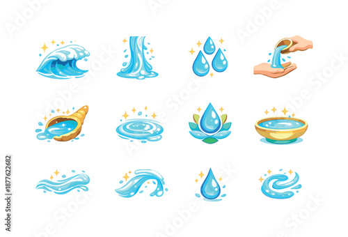 Ritual Water Icons. Ritual water. Colorful flat vector icons set of ritual water: wave crest, gentle stream, droplet cluster, blessing pour, shell scoop,