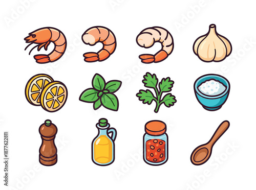 Shrimp Ingredients Icons. Shrimp ingredients. Colorful isometric vector icons set of shrimp ingredients: raw shrimp, peeled shrimp, deveined shrimp, garlic