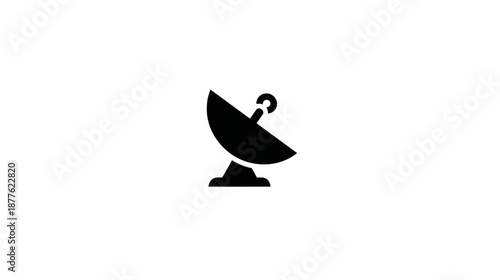 Black graphic depicting a satellite dish, poised to receive or transmit signals against a white background