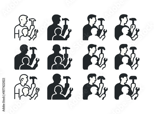Father-Son Icon Set. A father and son working together on a home improvement project. Icon set. Set Logo of A father and son working together on a home