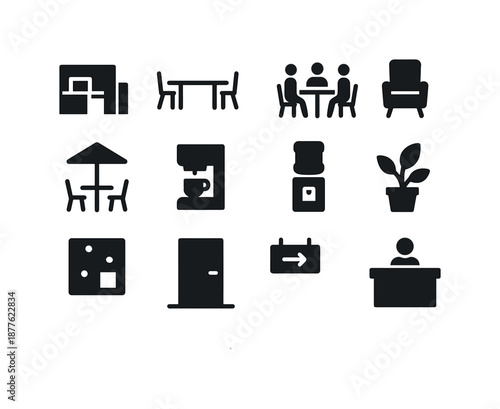 Office Icons Set. Work environment. Solid icon set of work environment: office cubicle, open workspace, collaboration table, lounge chair, break area icon,