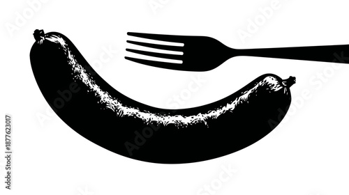 A black and white illustration of sausage and fork positioned, over a white background