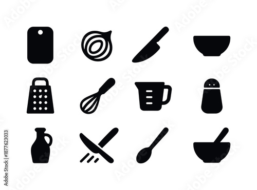 Essential Kitchen Tools. Food preparation. Solid icon set of food preparation: chopping board, onion slice, knife, bowl, grater, whisk, measuring cup, spice