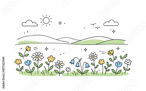 Serene Floral Meadow. Flower meadow scene. Wildflowers scattered across a green field with soft hills in the background, peaceful spring day feeling and open