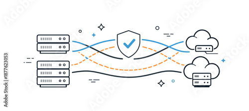 Resilient Cloud Connectivity. System resilience and redundancy. Servers and cloud nodes connected by backup lines, symbolizing failover and stability. Clean