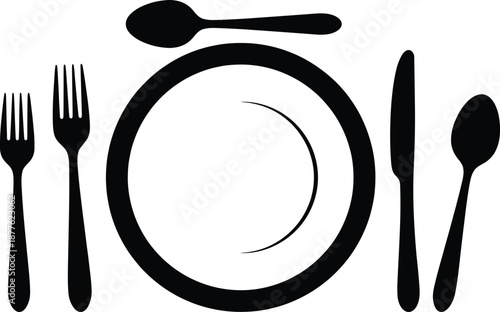 Dining plate and cutlery silhouette set with fork knife spoon tableware icon isolated minimal restaurant vector illustration design
