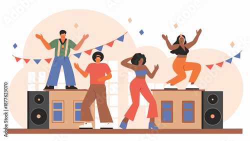 Flat vector illustration of people dancing together on a building with speakers and colorful bunting in a lively and joyful scene with party
