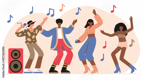 Flat vector illustration of young adults celebrating and dancing together with colorful music notes and a speaker with party and friends and fun