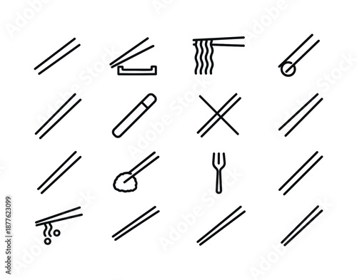Chopsticks Icon Set. Chopsticks & Utensils. Line icon set of Chopsticks & Utensils: chopsticks, resting stick, noodle grip, sushi sticks, reusable sticks,