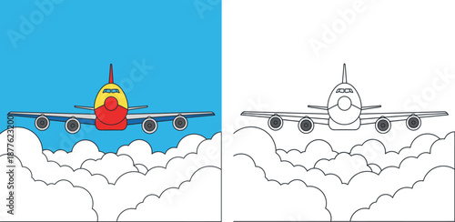Airplane coloring page vector illustration. Cartoon plane flying in the sky over clouds. Educational coloring book worksheet for kids. Colorful and outline drawing.