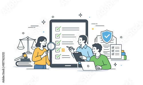 Compliance Team Review. Regulatory compliance process. A team checking requirements on a digital checklist with law and document icons nearby. Careful review