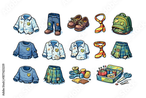Worn School Uniforms Icons. Worn-out school uniforms. Colorful isometric vector icons set of worn-out school uniforms: faded shirt, torn collar, frayed
