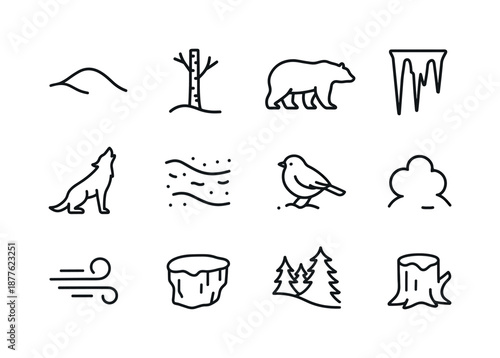 Snowy Animal Icons. Snowy landscapes with animals in winter habitats. Line icon set of snowy landscapes with animals in winter habitats: snow hill curve, snowy