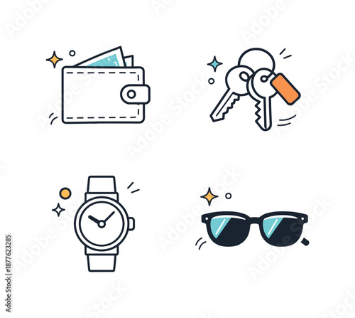 Modern Essentials Icons. Fashion accessories icons. A minimal icon set of wallets, keys, watches, and sunglasses, communicating daily essentials and modern