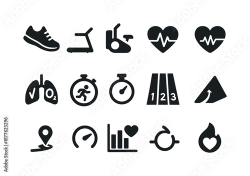Cardio Icon Set. Fitness assessments and body measurements. Solid icon set of cardio indicators: running shoe, treadmill, bike pedal, heart pulse, VO2 icon,