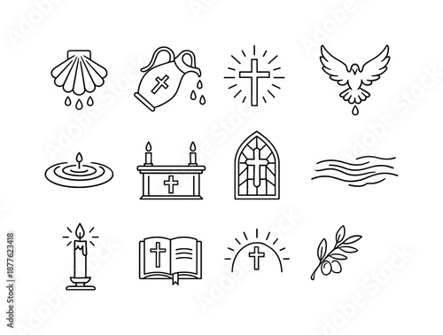 Christian Baptism Icons. Christian baptism. Line icon set of christian baptism: baptism shell, holy water jug, shining cross, descending dove, soft water