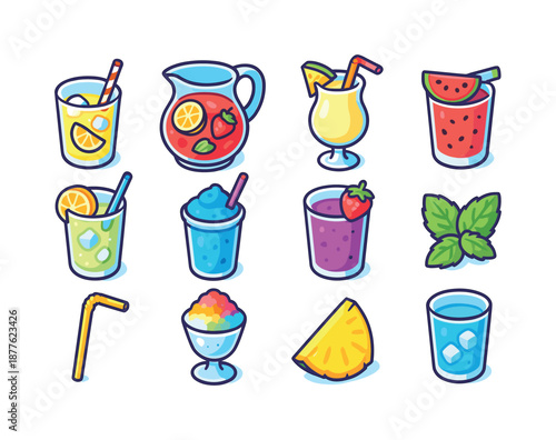 Colorful Summer Drinks Icons. Summer drinks. Colorful isometric vector icons set of summer drinks: iced lemonade, fruit punch, pina colada, watermelon cooler,
