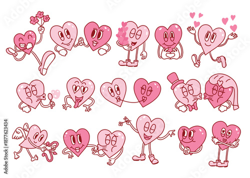 Funny hearts with faces in a retro vintage style. Valentine's Day stickers. Characters in  retro style.
