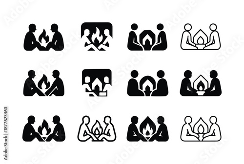 Fireside Icon Collection. People enjoying a warm fire in the fireplace. Icon set. Set Logo of people enjoying a warm fire in the fireplace: intimate fireside