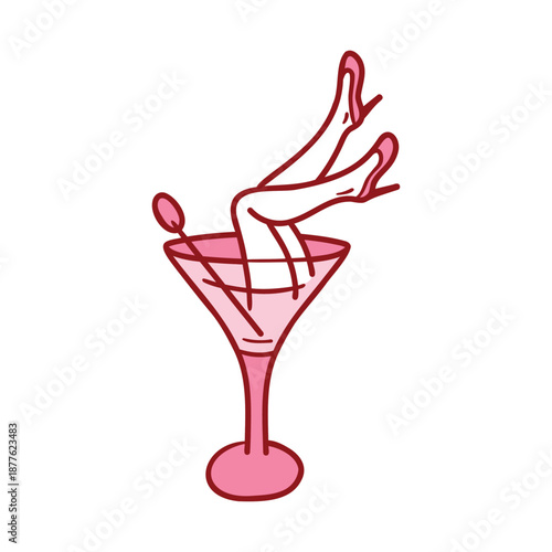 An icon of a martini glass with a girl's legs in pink shoes. Hand-drawn style, thin outline.