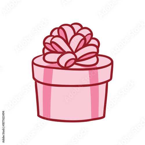 A gift icon in a round box with a multi-layered bow in pink flowers. Hand-drawn style, thin outline.