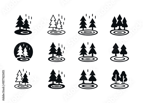 Rainforest Icon Variations. Rain showers in forests and wetland areas. Icon set. Set Logo of rain showers in forests and wetland areas: pond ripples from