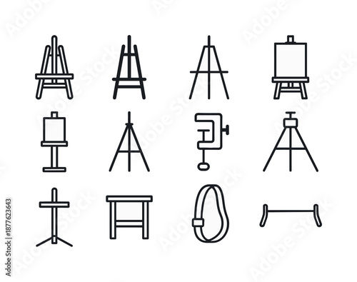Art Stands Icon Set. Art stands and supports. Line icon set of Art stands and supports: wooden easel, metal easel, tabletop easel, canvas stand, panel holder,