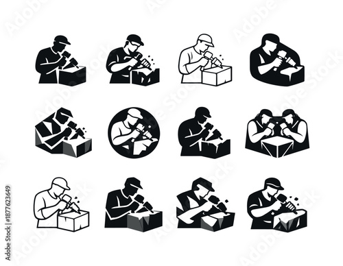 Sculptor Icon Variations. Sculptors shaping their creations. Icon set. Set Logo of Sculptors shaping their creations: hand carving stone block. harmonious logo