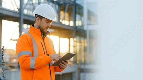 Construction worker in safety gear using digital tablet at building site during golden hour for project management and quality control documentation.