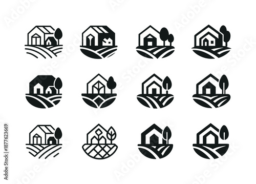 Greenhouse Farm Logos. A small farm with a hand-built greenhouse for growing vegetables. Icon set. Set Logo of A small farm with a hand-built greenhouse for