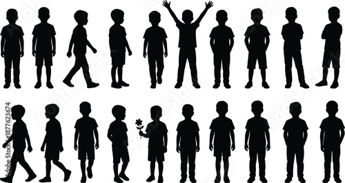 Children silhouette set showing boys standing walking playing different poses isolated black kids figures vector illustration collection